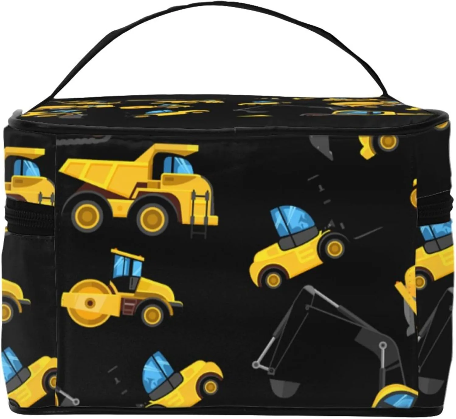 Travel Makeup Bag Pouch Compatible with Cool Black Yellow Buldozer Excavator Construct Machines Cosmetic Bag Tote Toiletry Bag, Zipper Portable Small Storage Bags for Women Brush Bottle Organizer