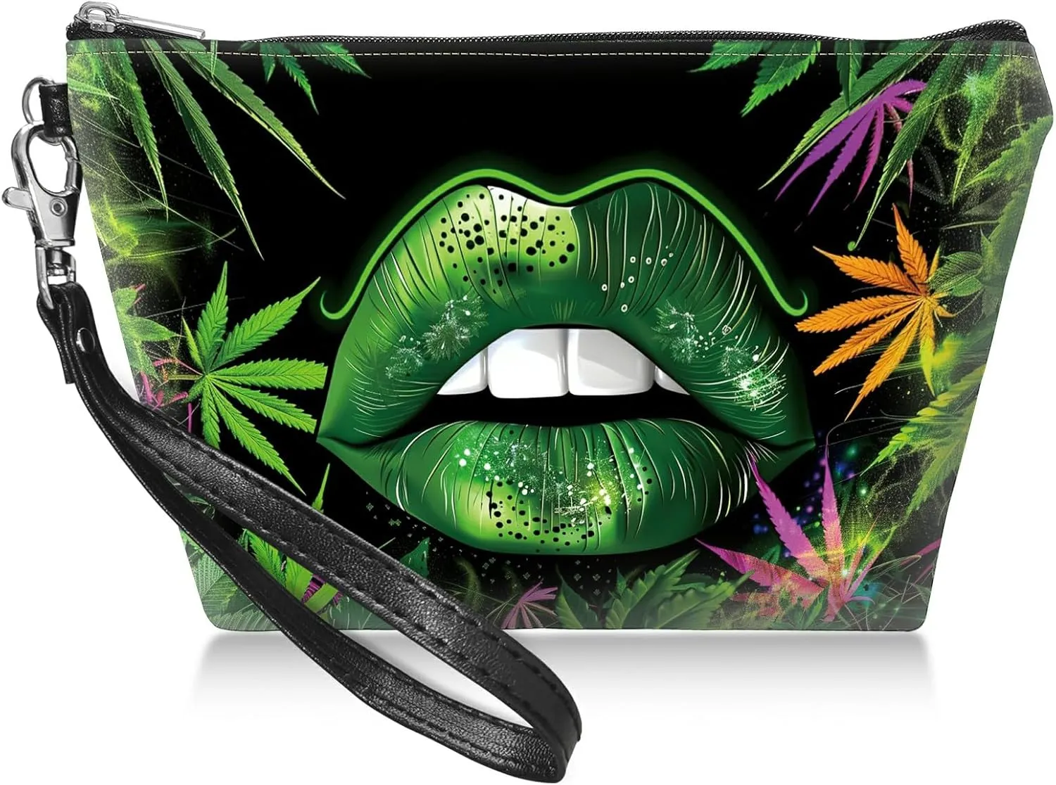 Travel Makeup Bag with Detachable Wrist Strap, Green Lip Weeds Stocking Stuffers for Teen Women Toiletry Storage Bag Water Resistant Portable Change Coin Small Purse Zipper Pouch