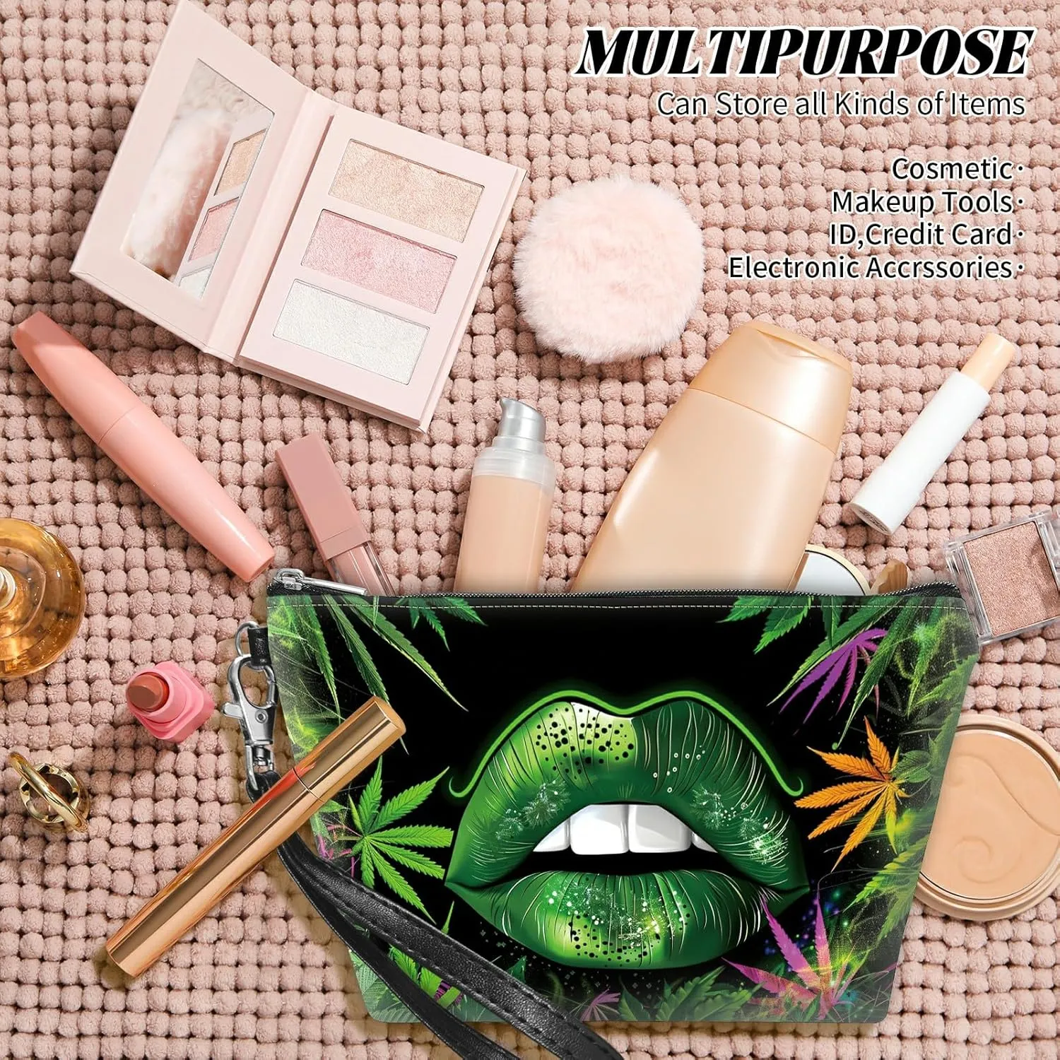 Travel Makeup Bag with Detachable Wrist Strap, Green Lip Weeds Stocking Stuffers for Teen Women Toiletry Storage Bag Water Resistant Portable Change Coin Small Purse Zipper Pouch
