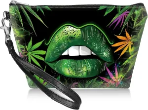 Travel Makeup Bag with Detachable Wrist Strap, Green Lip Weeds Stocking Stuffers for Teen Women Toiletry Storage Bag Water Resistant Portable Change Coin Small Purse Zipper Pouch