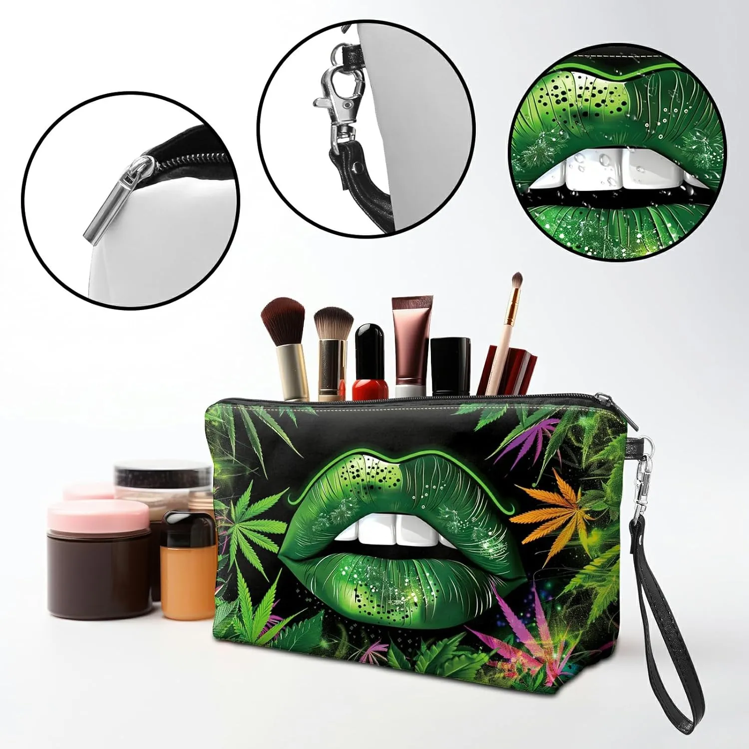 Travel Makeup Bag with Detachable Wrist Strap, Green Lip Weeds Stocking Stuffers for Teen Women Toiletry Storage Bag Water Resistant Portable Change Coin Small Purse Zipper Pouch