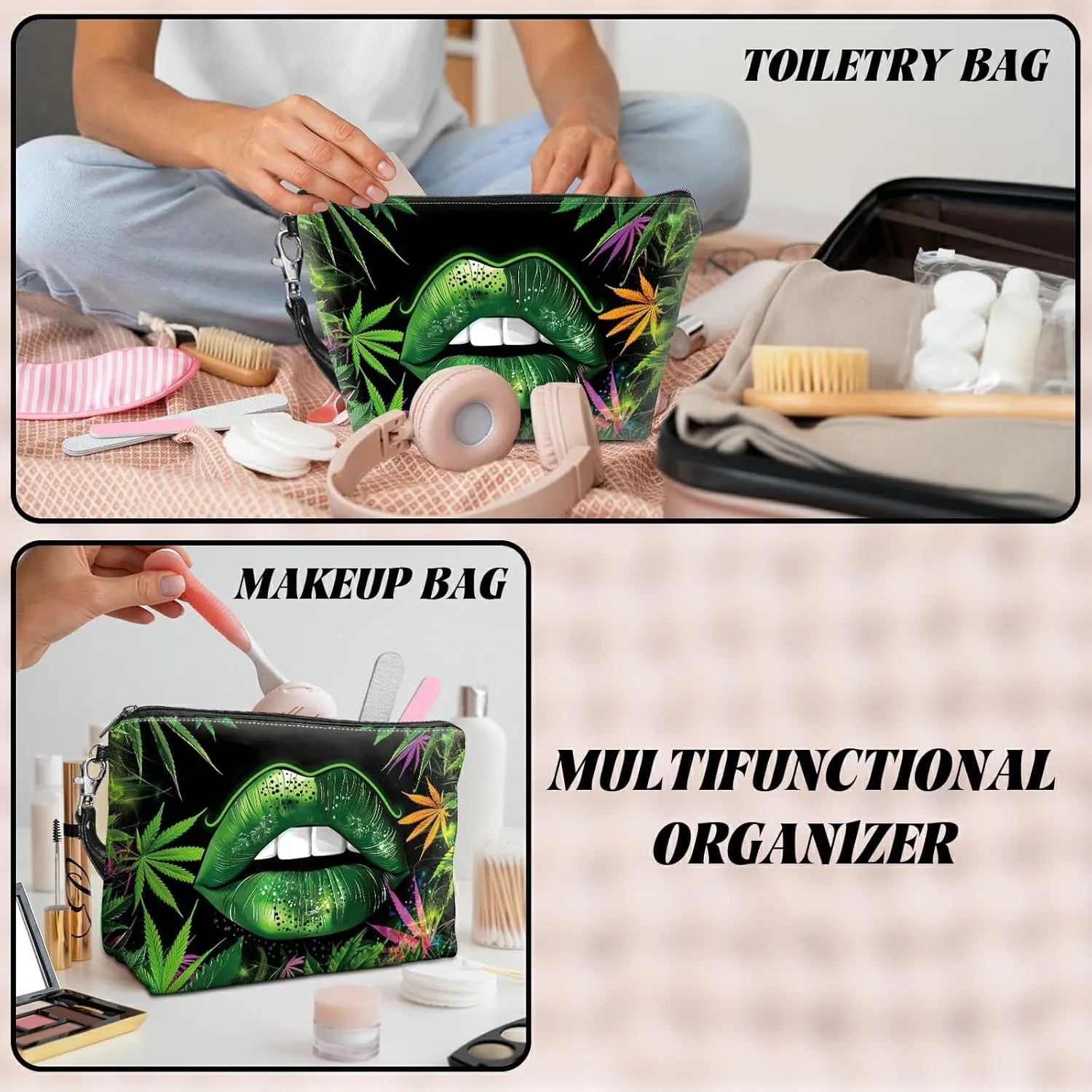 Travel Makeup Bag with Detachable Wrist Strap, Green Lip Weeds Stocking Stuffers for Teen Women Toiletry Storage Bag Water Resistant Portable Change Coin Small Purse Zipper Pouch