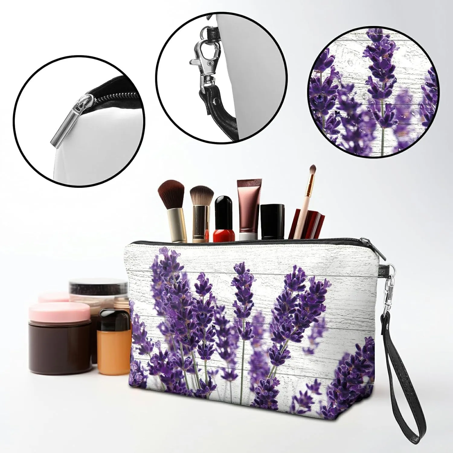 Travel Makeup Bag with Detachable Wrist Strap, Purple Lavender Stocking Stuffers for Teen Women Toiletry Storage Bag Water Resistant Portable Change Coin Small Purse Zipper Pouch