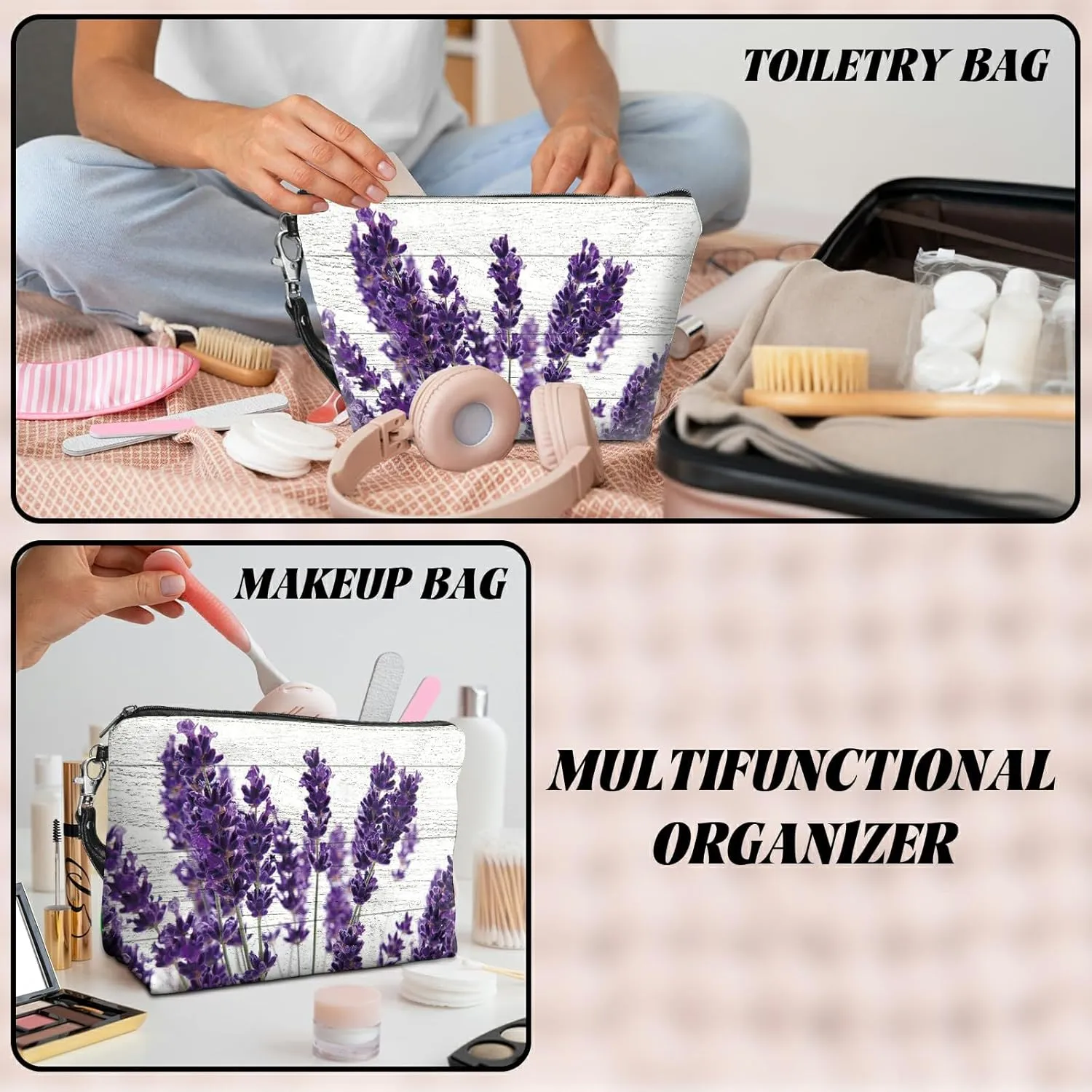 Travel Makeup Bag with Detachable Wrist Strap, Purple Lavender Stocking Stuffers for Teen Women Toiletry Storage Bag Water Resistant Portable Change Coin Small Purse Zipper Pouch