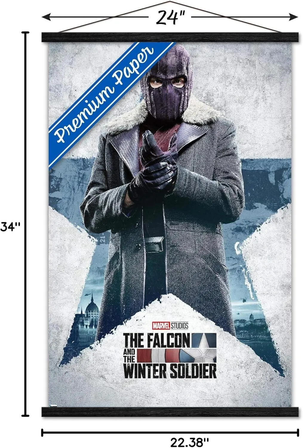Trends International Marvel Falcon and Winter Soldier-Baron Zemo One Sheet Wall Poster with Magnetic Frame, 22.375" x 34", Premium Print and Black Hanger Bundle
