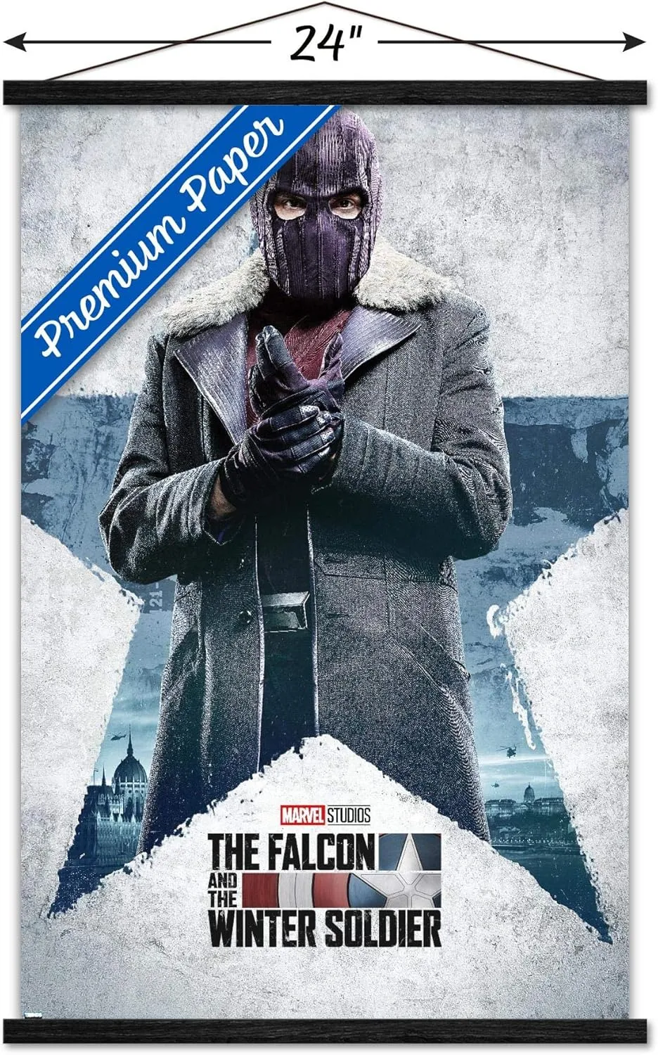 Trends International Marvel Falcon and Winter Soldier-Baron Zemo One Sheet Wall Poster with Magnetic Frame, 22.375" x 34", Premium Print and Black Hanger Bundle