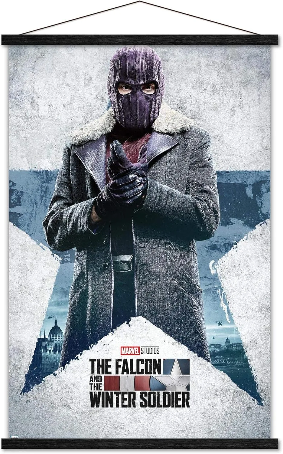 Trends International Marvel Falcon and Winter Soldier-Baron Zemo One Sheet Wall Poster with Magnetic Frame, 22.375" x 34", Premium Print and Black Hanger Bundle