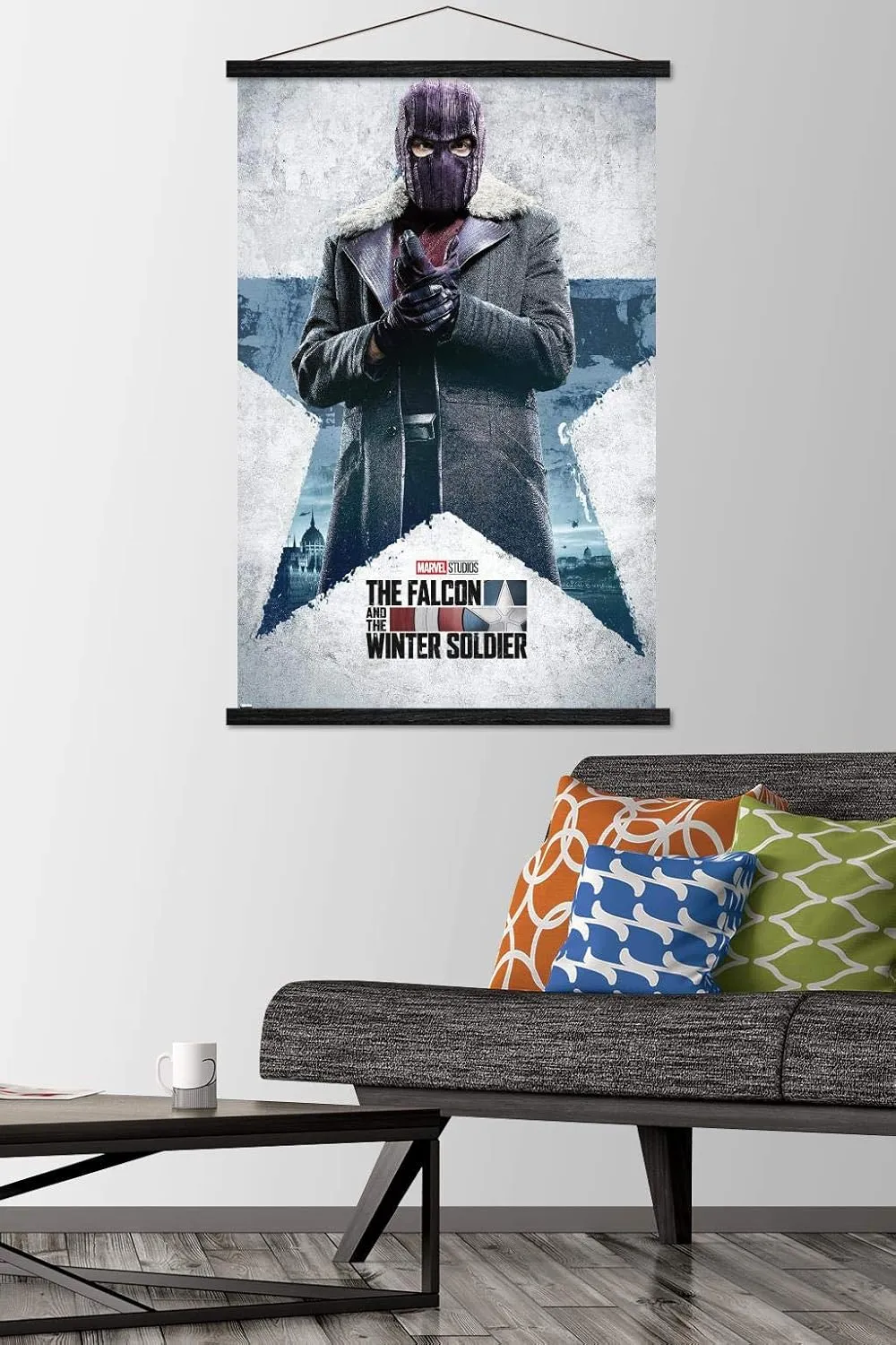 Trends International Marvel Falcon and Winter Soldier-Baron Zemo One Sheet Wall Poster with Magnetic Frame, 22.375" x 34", Premium Print and Black Hanger Bundle