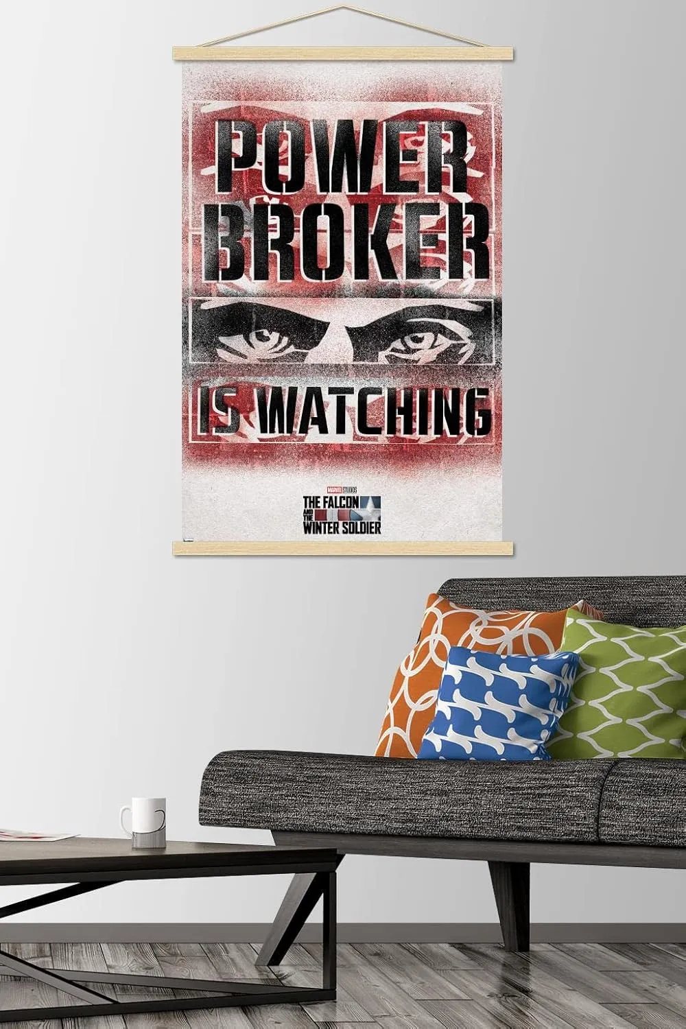 Trends International Marvel Falcon and Winter Soldier-Power Broker Watching 2 Wall Poster with Magnetic Frame, 22.375" x 34", Premium Print and Beechwood Hanger Bundle
