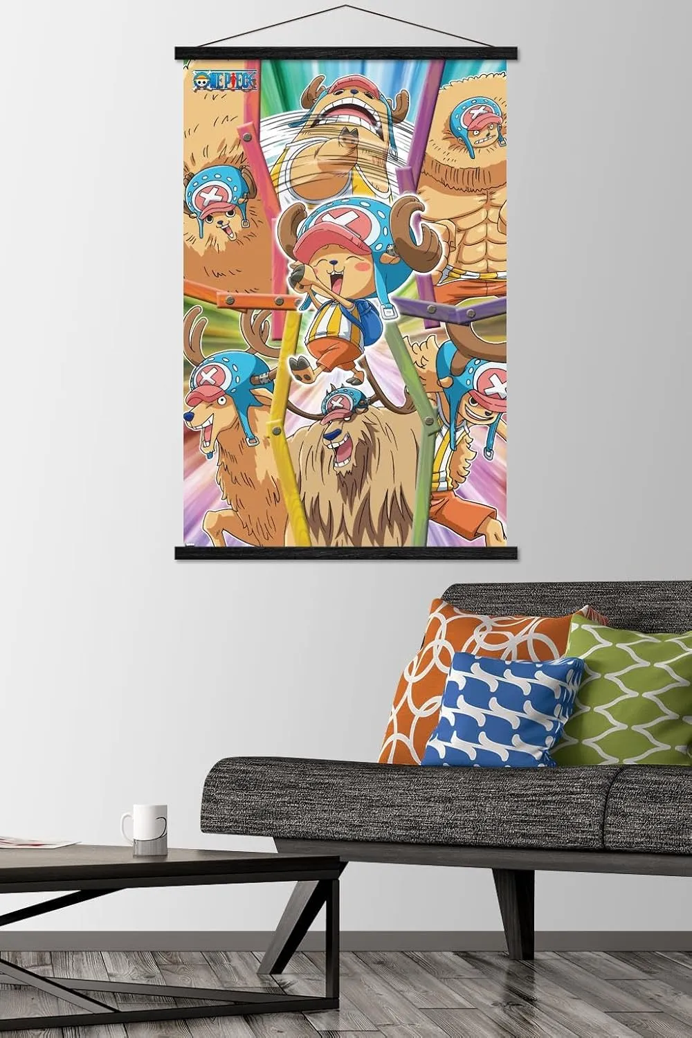 Trends International One Piece: Fishman Island - Tony Tony Chopper Group Wall Poster with Magnetic Frame, 22.37" x 34.00", Premium Print and Black Hanger Bundle