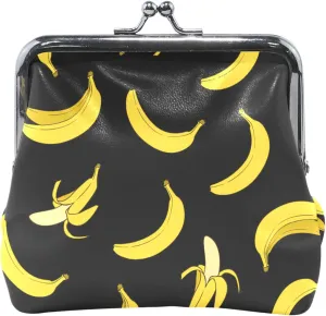 Trendy Bananas Black Leather Coin Purse for Women Cute Buckle Kiss Lock Small Change Purse for Coins