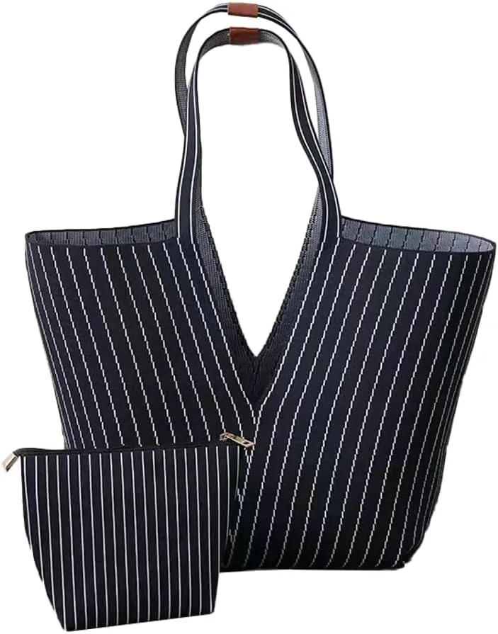 Trendy Tote Bag Women 2025 Retro Stripes Purses Large Shoulder Bags Top Handle Handbags Satchel with Wallet 2PCS