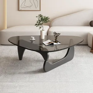 Triangle Coffee Table Modern Noguchi End Table, Solid Wood Base and 8mm Thick Tempered Glass Top Accent for Living Room Office Hotel Patio (Black Legs   Gray Glass, 32 * 22 * 16)