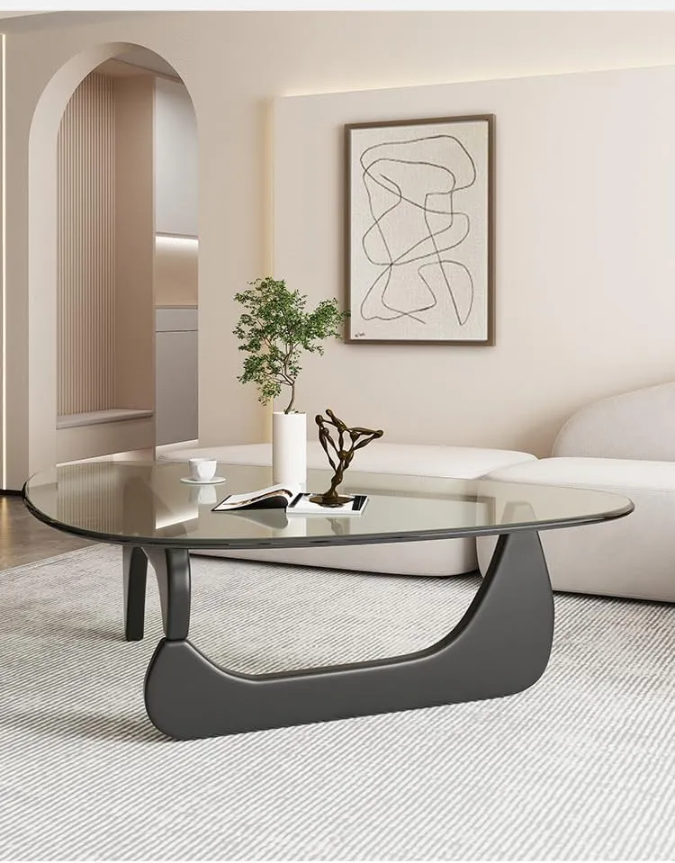 Triangle Coffee Table Modern Noguchi End Table, Solid Wood Base and 8mm Thick Tempered Glass Top Accent for Living Room Office Hotel Patio (Black Legs   Gray Glass, 32 * 22 * 16)