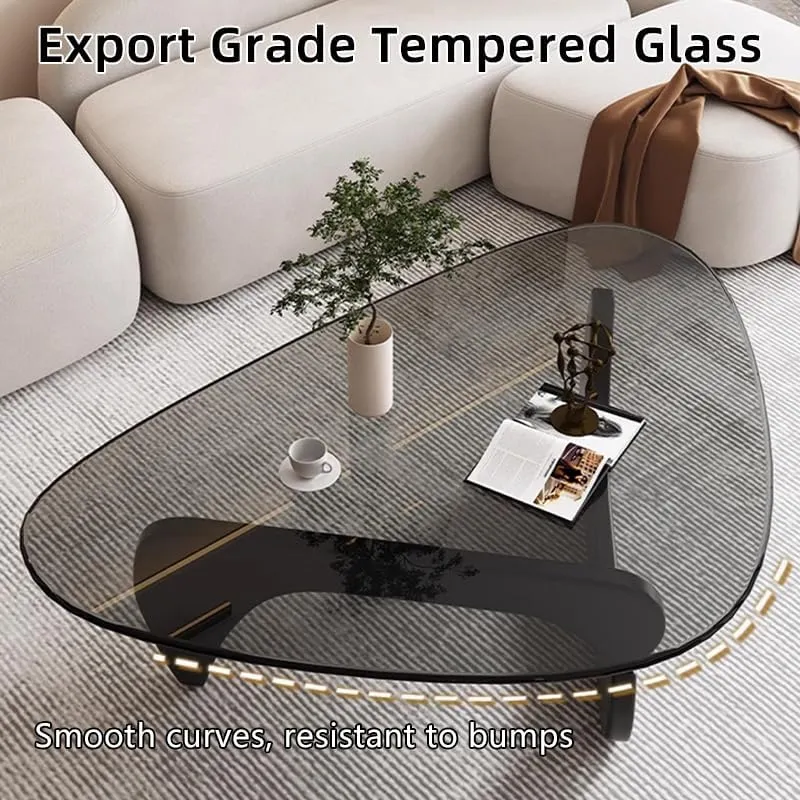 Triangle Coffee Table Modern Noguchi End Table, Solid Wood Base and 8mm Thick Tempered Glass Top Accent for Living Room Office Hotel Patio (Black Legs   Gray Glass, 32 * 22 * 16)