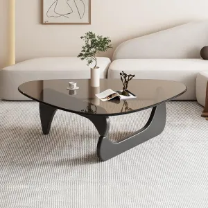 Triangle Coffee Table Modern Noguchi End Table, Solid Wood Base and 8mm Thick Tempered Glass Top Accent for Living Room Office Hotel Patio (Black Legs   Teal Glass, 32 * 22 * 16)