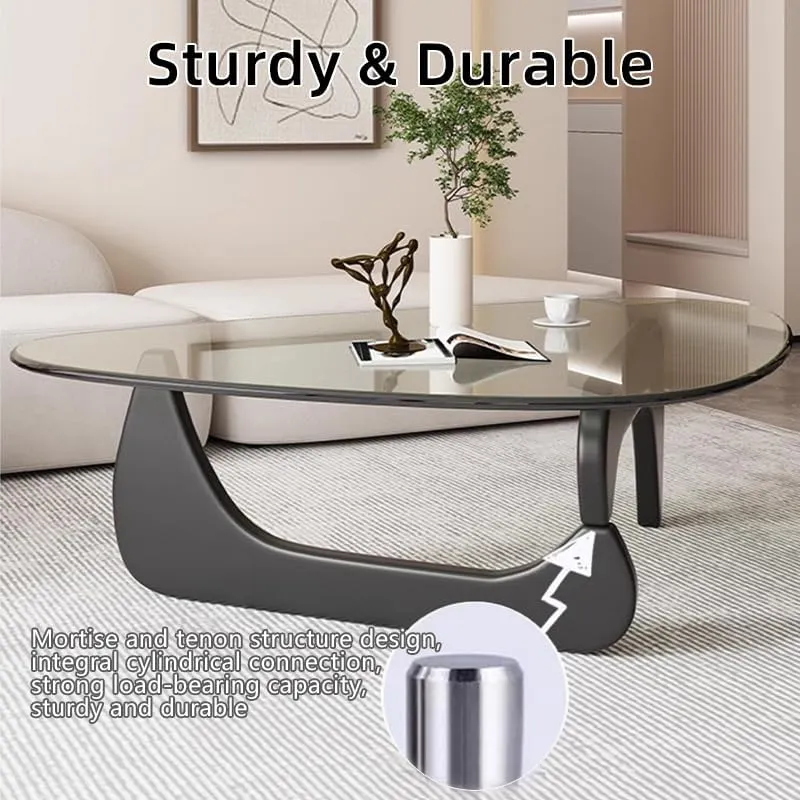 Triangle Coffee Table Modern Noguchi End Table, Solid Wood Base and 8mm Thick Tempered Glass Top Accent for Living Room Office Hotel Patio (Natural Wood Legs   Gray Glass, 32 * 22 * 16)