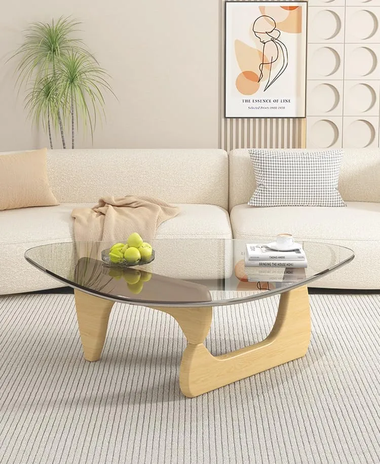 Triangle Coffee Table Modern Noguchi End Table, Solid Wood Base and 8mm Thick Tempered Glass Top Accent for Living Room Office Hotel Patio (Natural Wood Legs   Gray Glass, 32 * 22 * 16)
