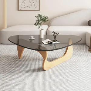 Triangle Coffee Table Modern Noguchi End Table, Solid Wood Base and 8mm Thick Tempered Glass Top Accent for Living Room Office Hotel Patio (Natural Wood Legs   Gray Glass, 32 * 22 * 16)