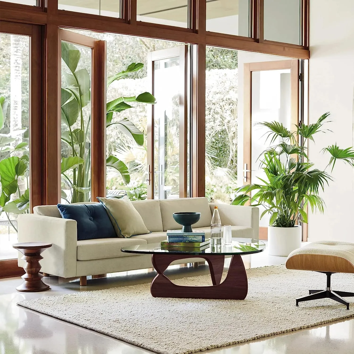 Triangle Coffee Table Modern Noguchi Vintage End Table, Solid Wood Base and Clear Glass Top Accent, for Living Room, Patio(Dark Walnut)