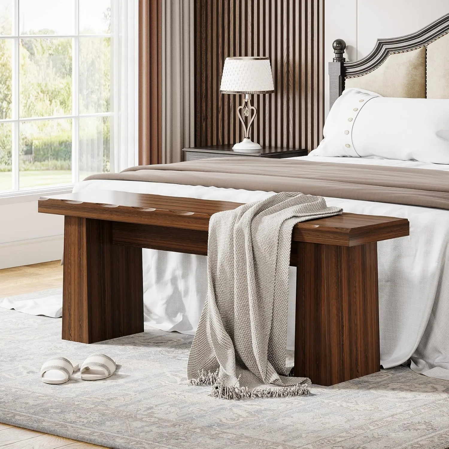 Tribesigns Wooden Entryway Bench, 47-Inch Wood Dining Table Bench with Sturdy Frame for Dining Room Bedroom Living Room Hallway Kitchen, Easy Assembly (Walnut)