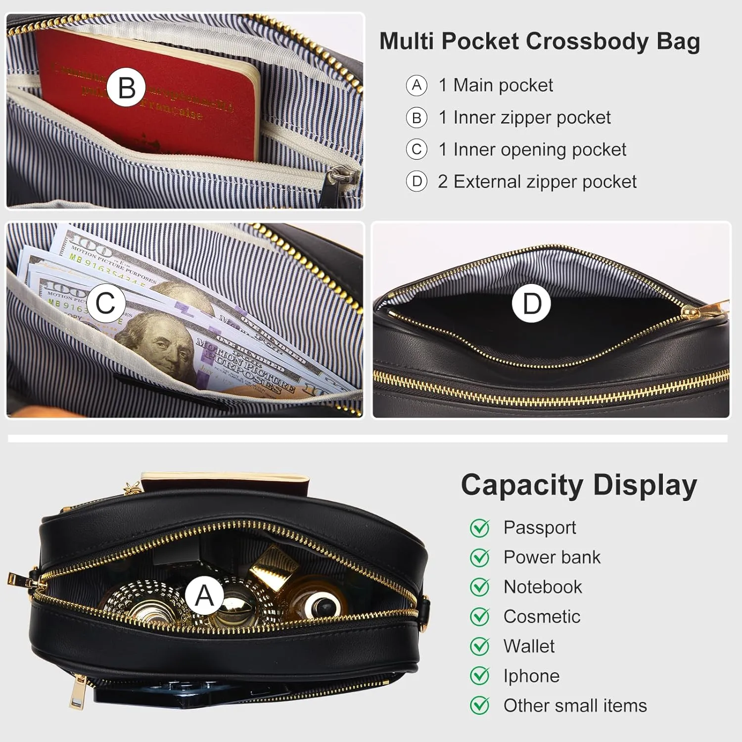 Triple Zip Small Crossbody Bag for women Pu Leather Purses Small Shoulder Handbag