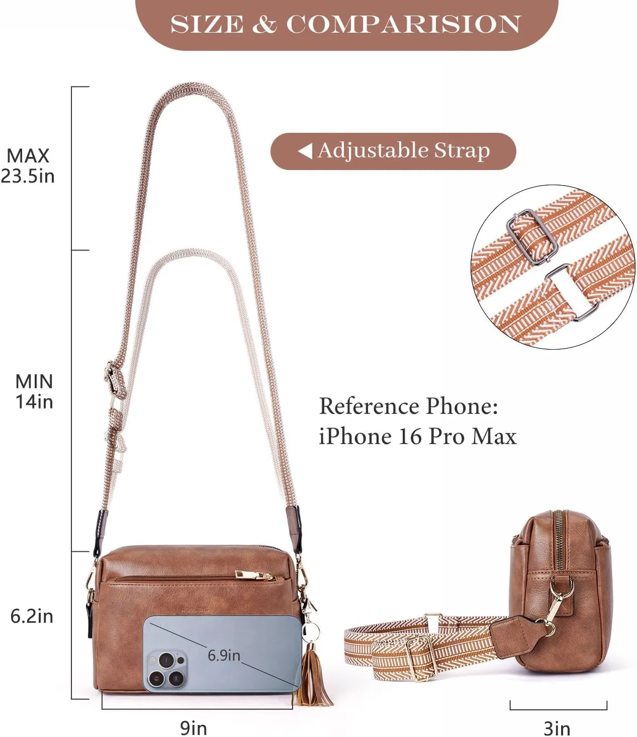 Triple Zip Small Crossbody Bag for women,Wide Strap Cell Phone Purse Shoulder Handbag Wallet with Credit Card Slots