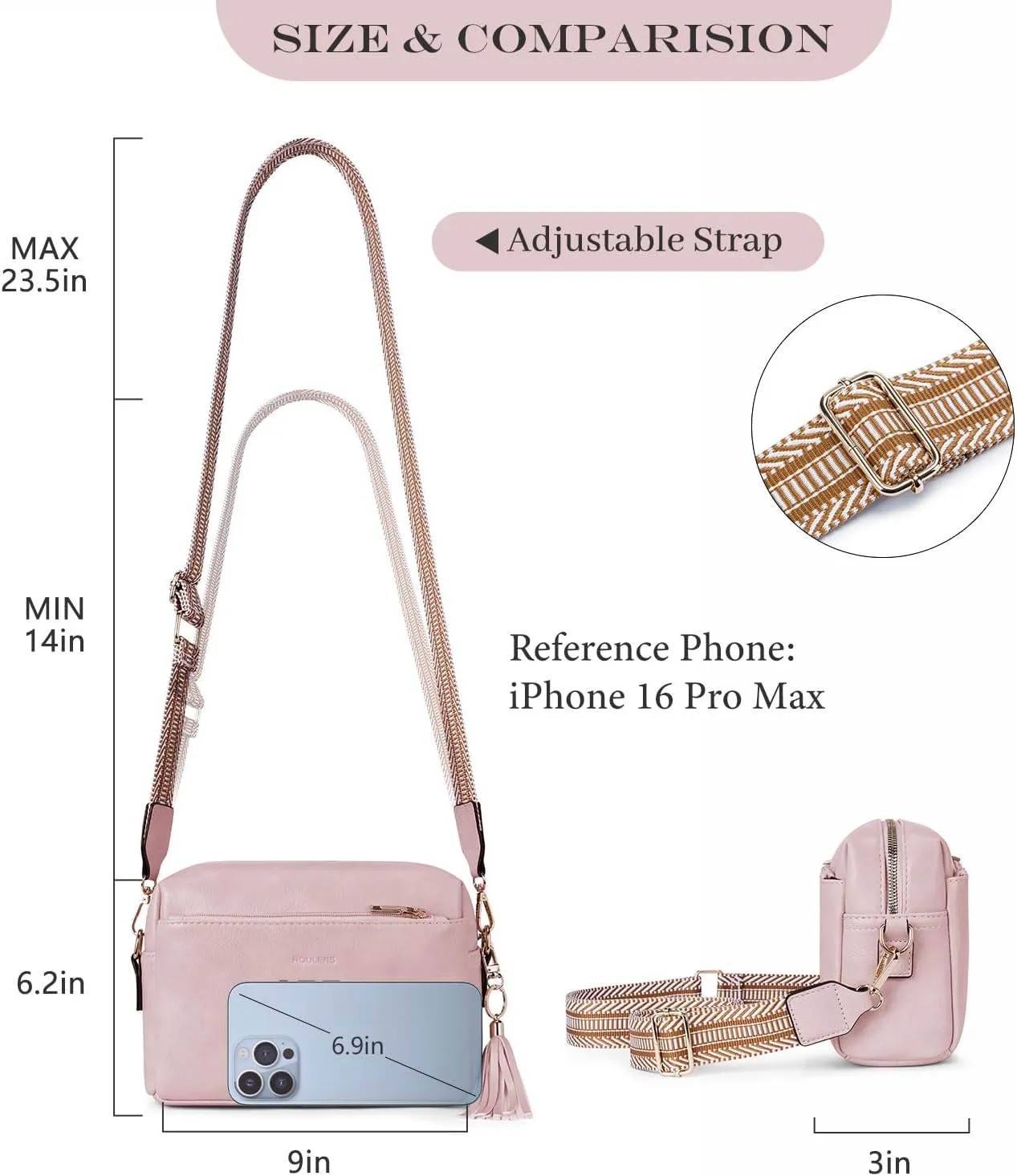 Triple Zip Small Crossbody Bag for women,Wide Strap Cell Phone Purse Shoulder Handbag Wallet with Credit Card Slots