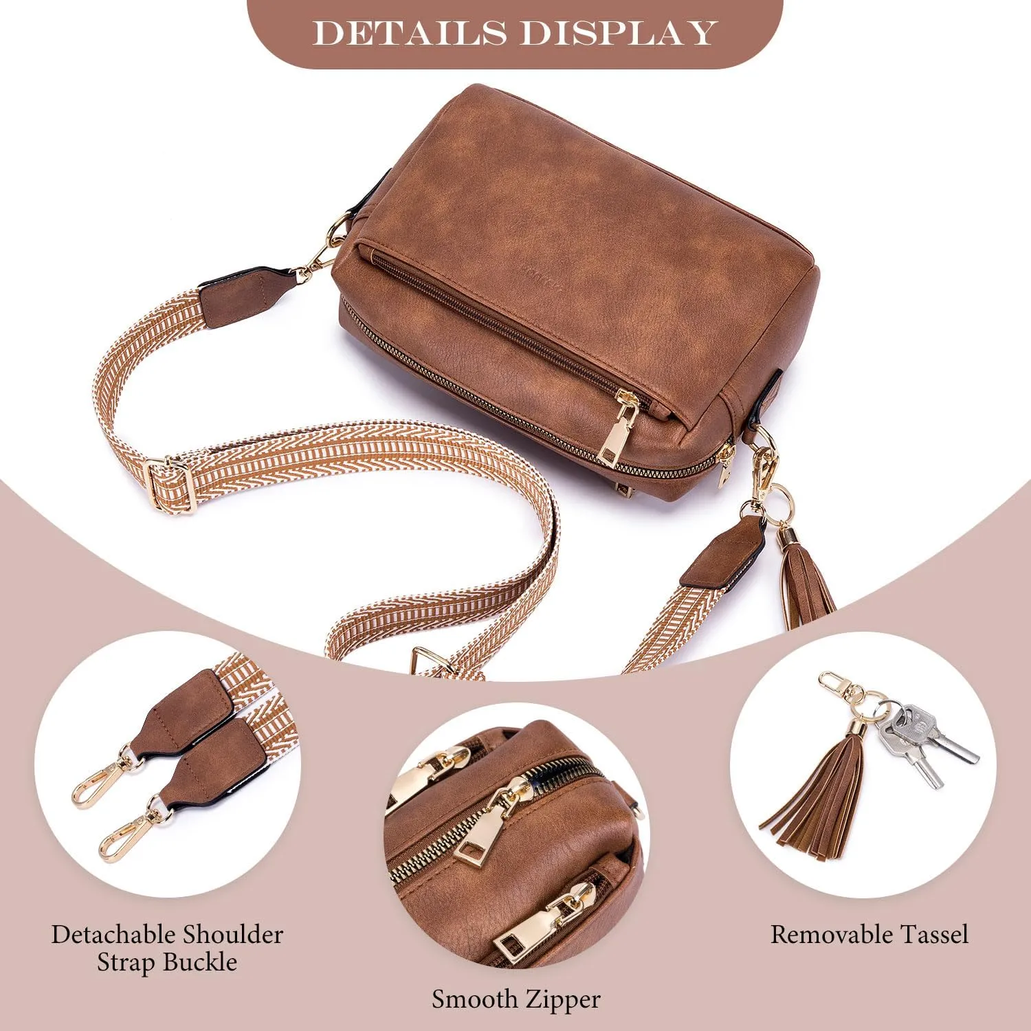 Triple Zip Small Crossbody Bag for women,Wide Strap Cell Phone Purse Shoulder Handbag Wallet with Credit Card Slots