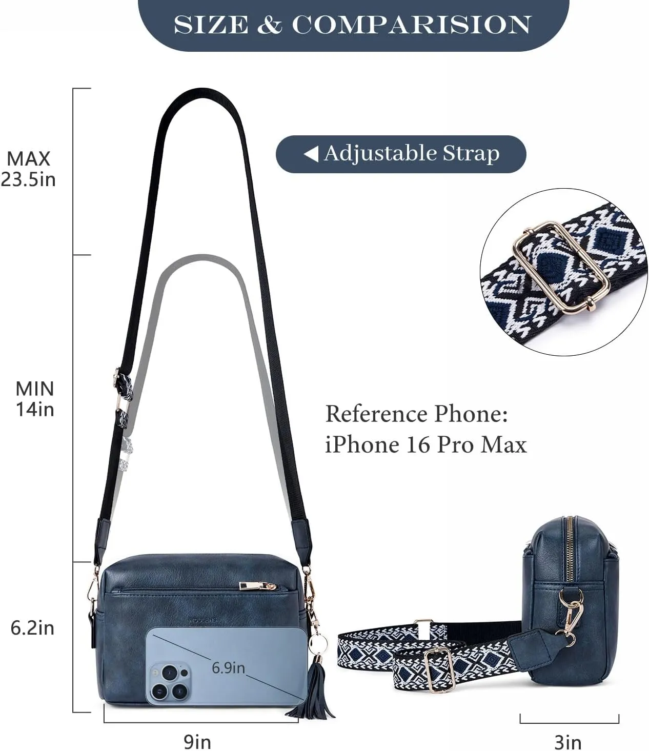 Triple Zip Small Crossbody Bag for women,Wide Strap Cell Phone Purse Shoulder Handbag Wallet with Credit Card Slots