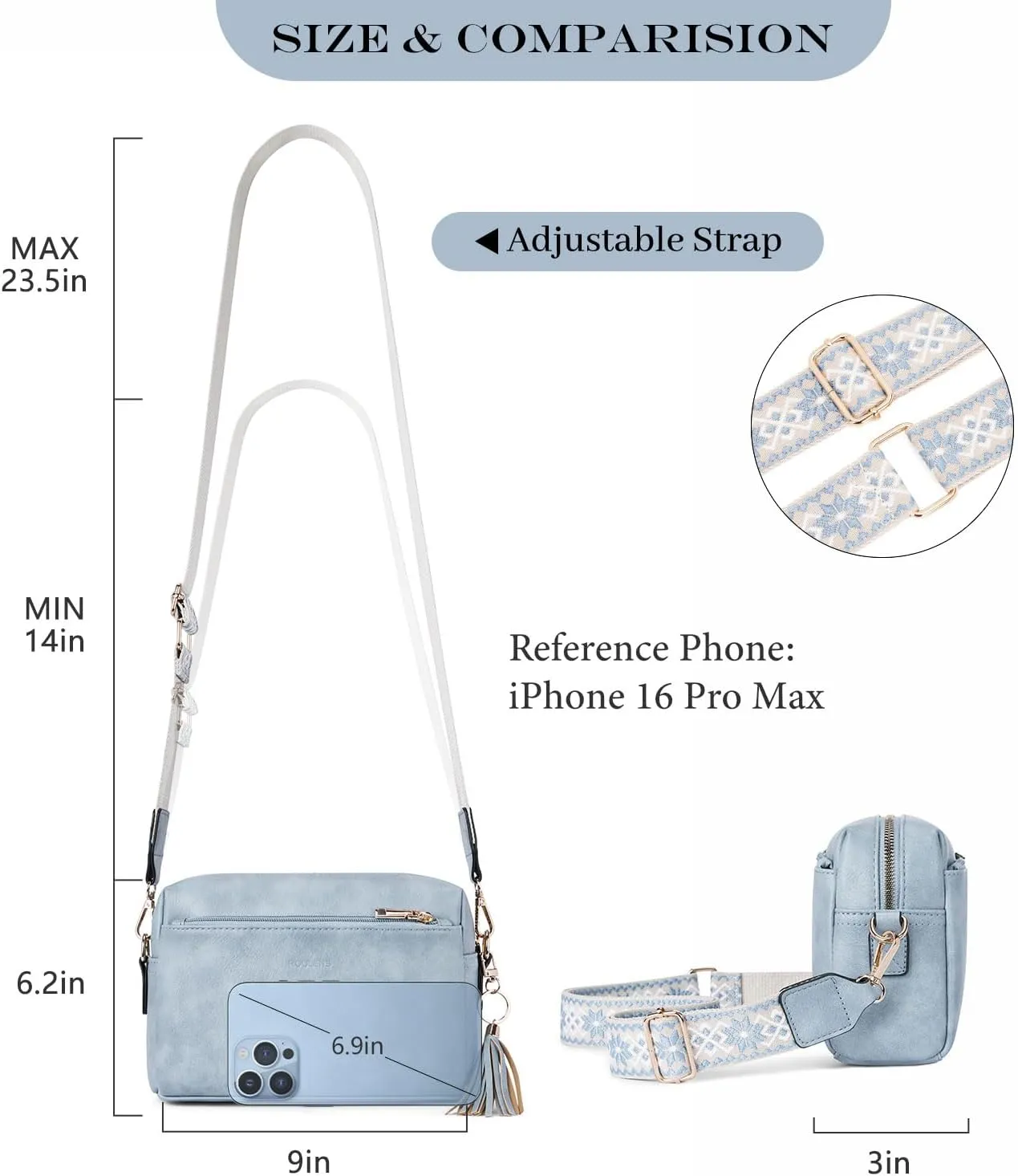Triple Zip Small Crossbody Bag for women,Wide Strap Cell Phone Purse Shoulder Handbag Wallet with Credit Card Slots