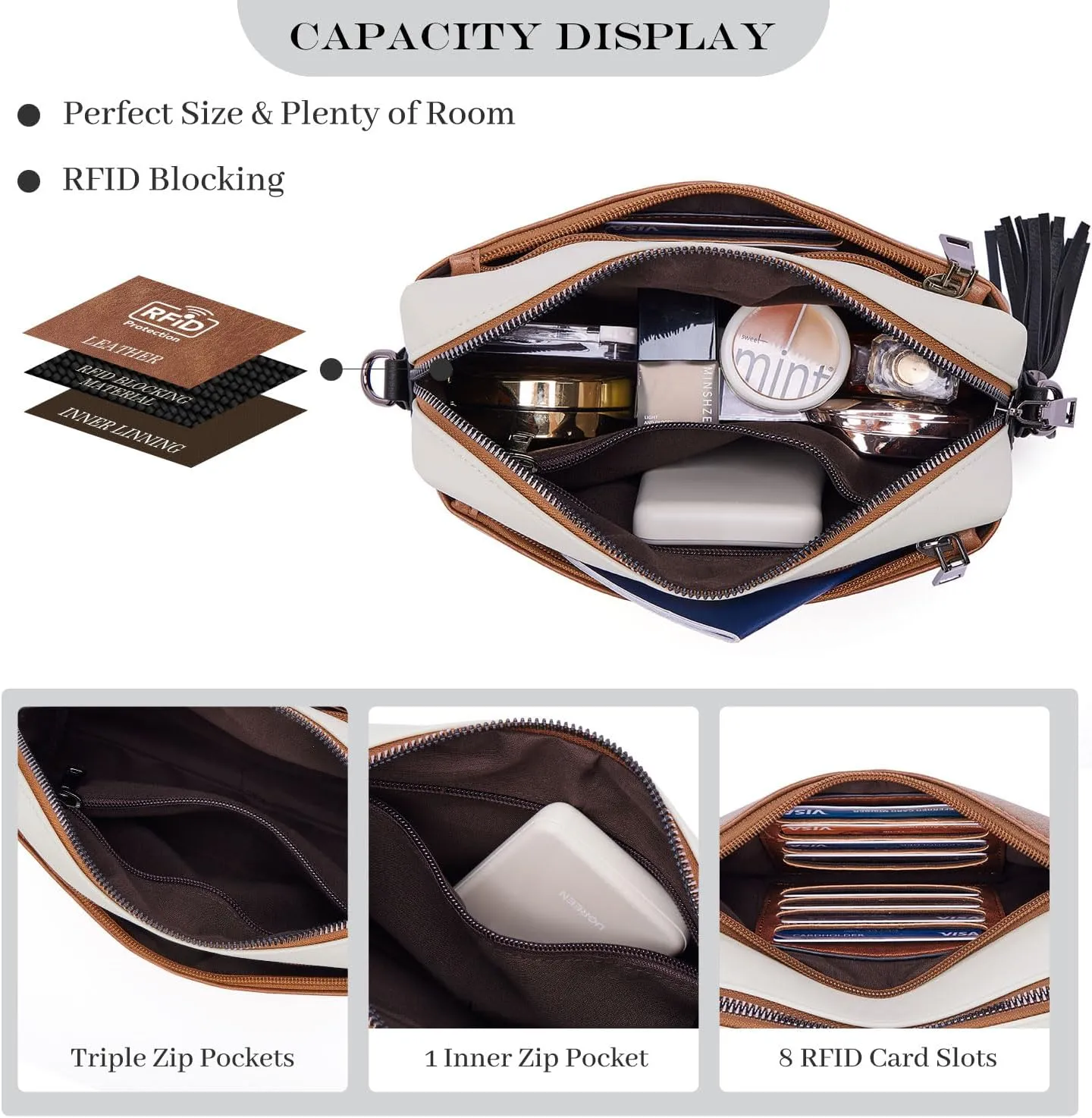 Triple Zip Small Crossbody Bag for women,Wide Strap Cell Phone Purse Shoulder Handbag Wallet with Credit Card Slots