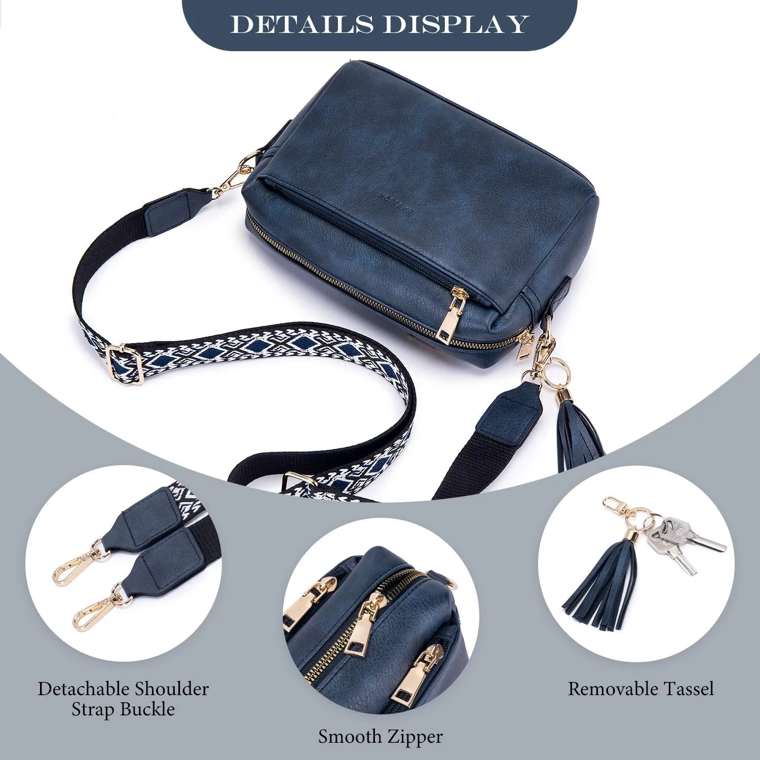 Triple Zip Small Crossbody Bag for women,Wide Strap Cell Phone Purse Shoulder Handbag Wallet with Credit Card Slots