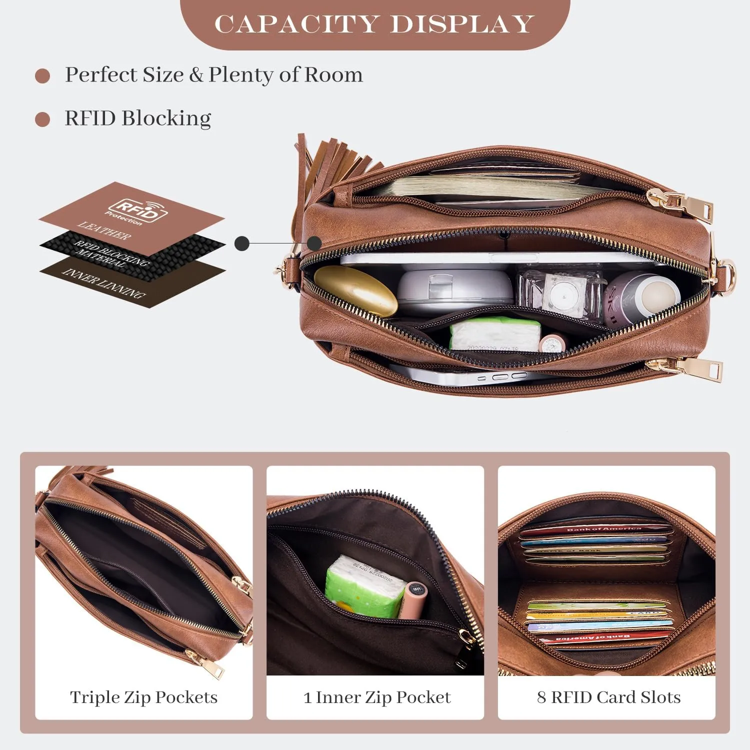Triple Zip Small Crossbody Bag for women,Wide Strap Cell Phone Purse Shoulder Handbag Wallet with Credit Card Slots