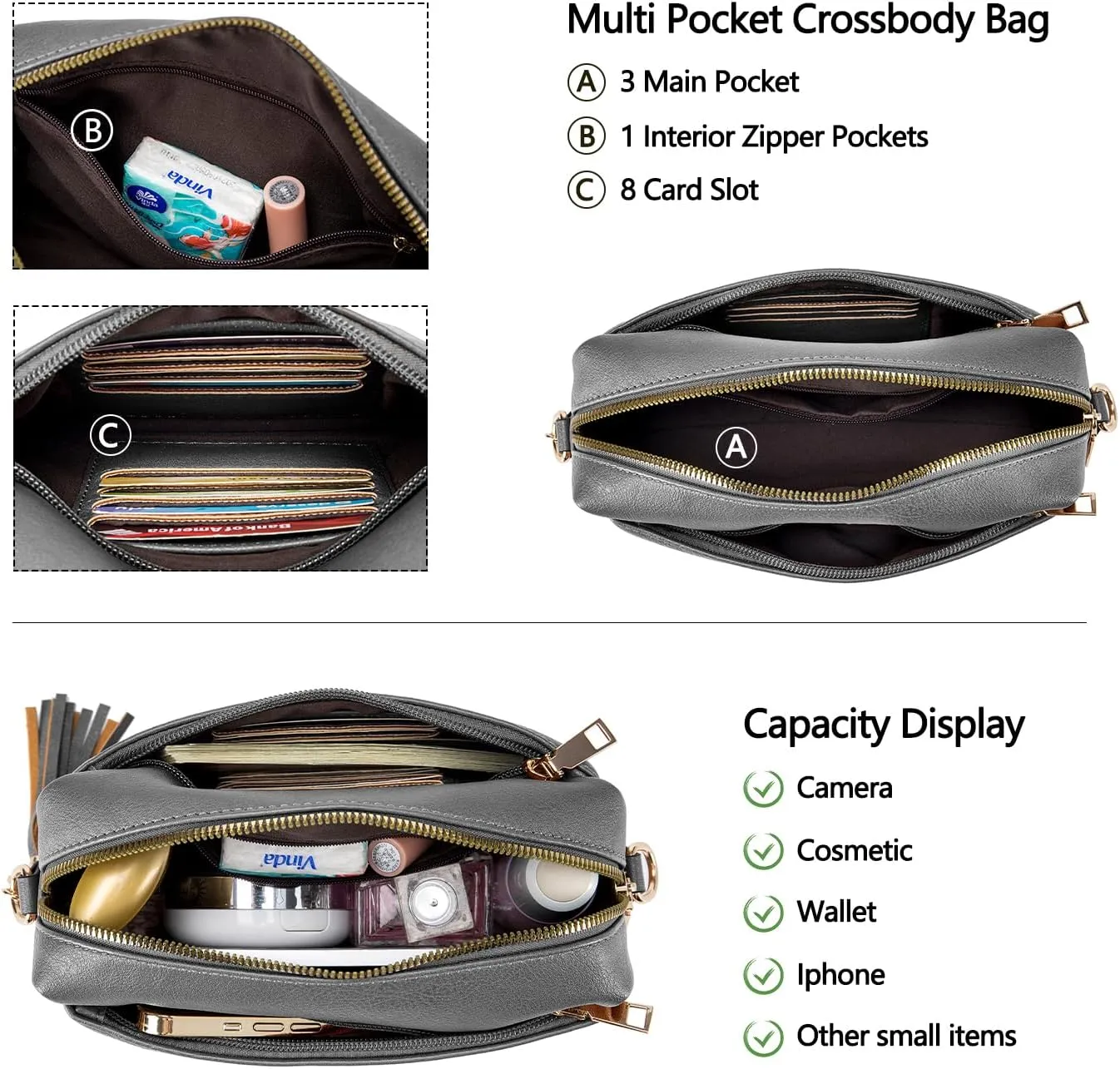 Triple Zip Small Crossbody Bag for women,Wide Strap Cell Phone Purse Shoulder Handbag Wallet with Credit Card Slots