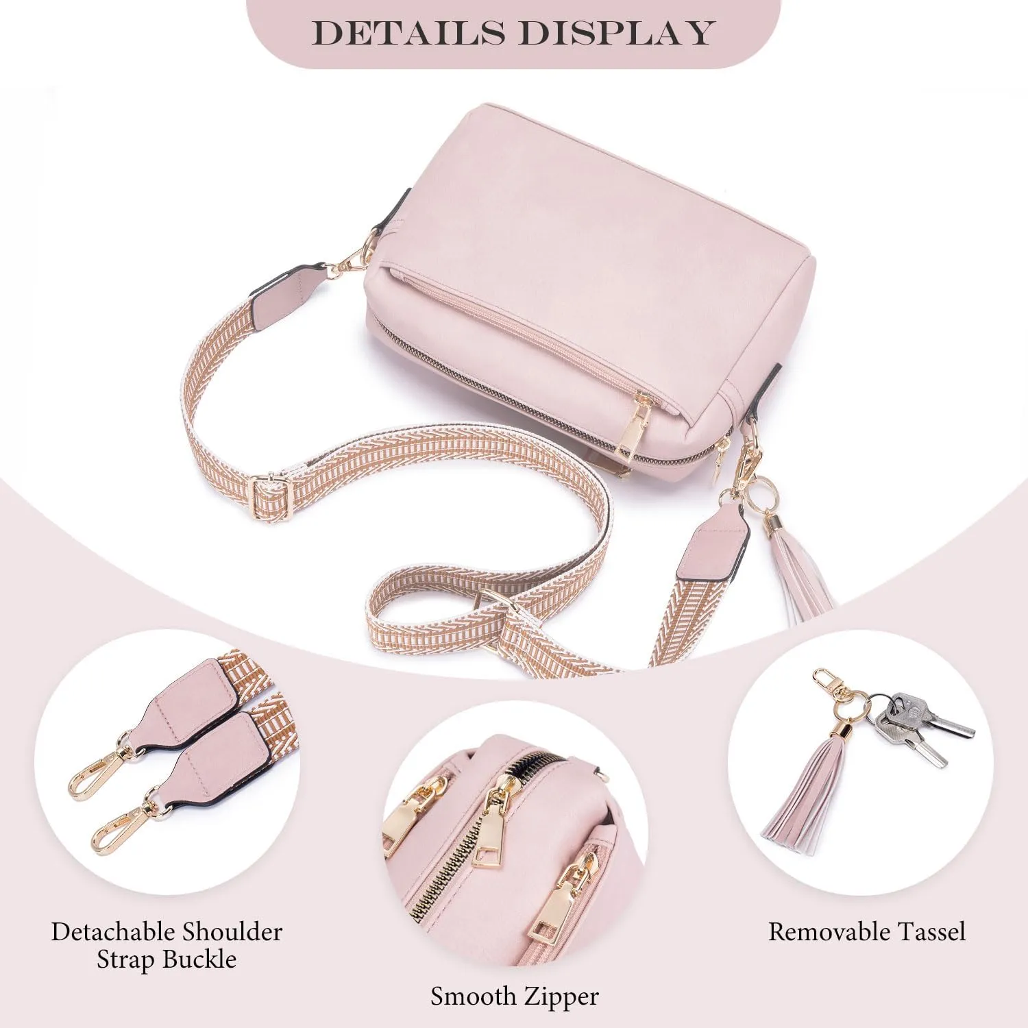Triple Zip Small Crossbody Bag for women,Wide Strap Cell Phone Purse Shoulder Handbag Wallet with Credit Card Slots