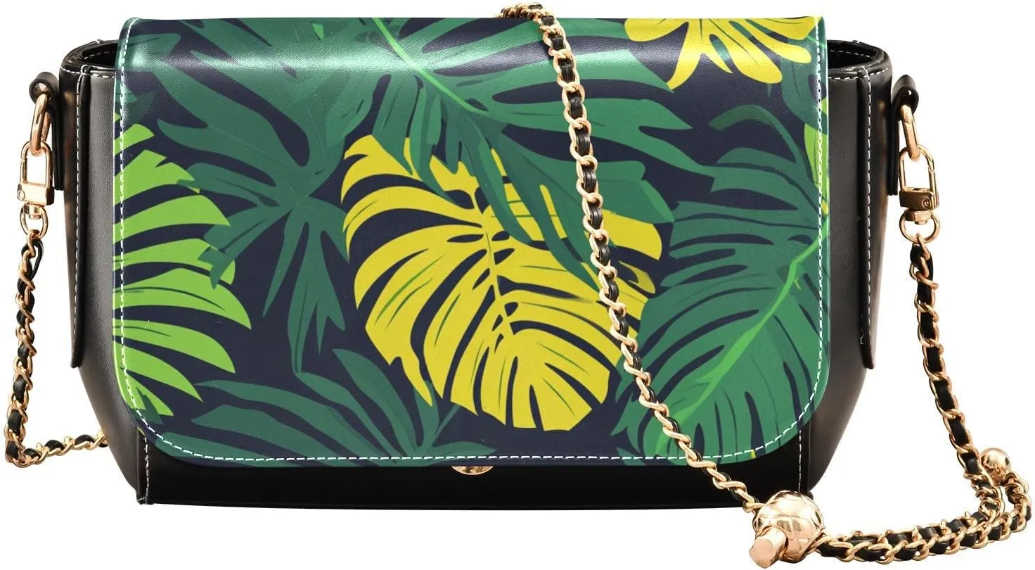 Tropical Leaves Illustration GreenSmall Black Crossbody Purse for Womens Trendy Small Shoulder Bags with Adjustable Strap Sling Bag