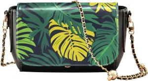 Tropical Leaves Illustration GreenSmall Black Crossbody Purse for Womens Trendy Small Shoulder Bags with Adjustable Strap Sling Bag