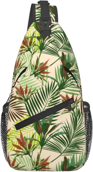 Tropical Leaves Palm Tree Flowers Cross Chest Bag Diagonally Hiking Crossbody Bag Travel Shoulder Daypack Lightweight Sling Backpack Cycling Daypacks Fitness Chest Backpacks