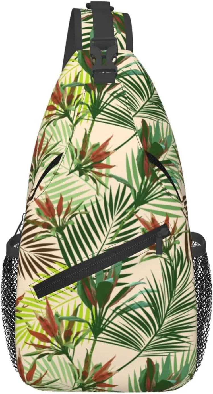 Tropical Leaves Palm Tree Flowers Cross Chest Bag Diagonally Hiking Crossbody Bag Travel Shoulder Daypack Lightweight Sling Backpack Cycling Daypacks Fitness Chest Backpacks