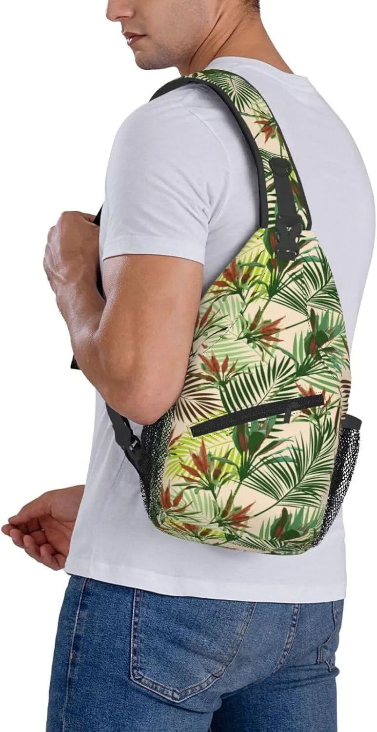 Tropical Leaves Palm Tree Flowers Cross Chest Bag Diagonally Hiking Crossbody Bag Travel Shoulder Daypack Lightweight Sling Backpack Cycling Daypacks Fitness Chest Backpacks