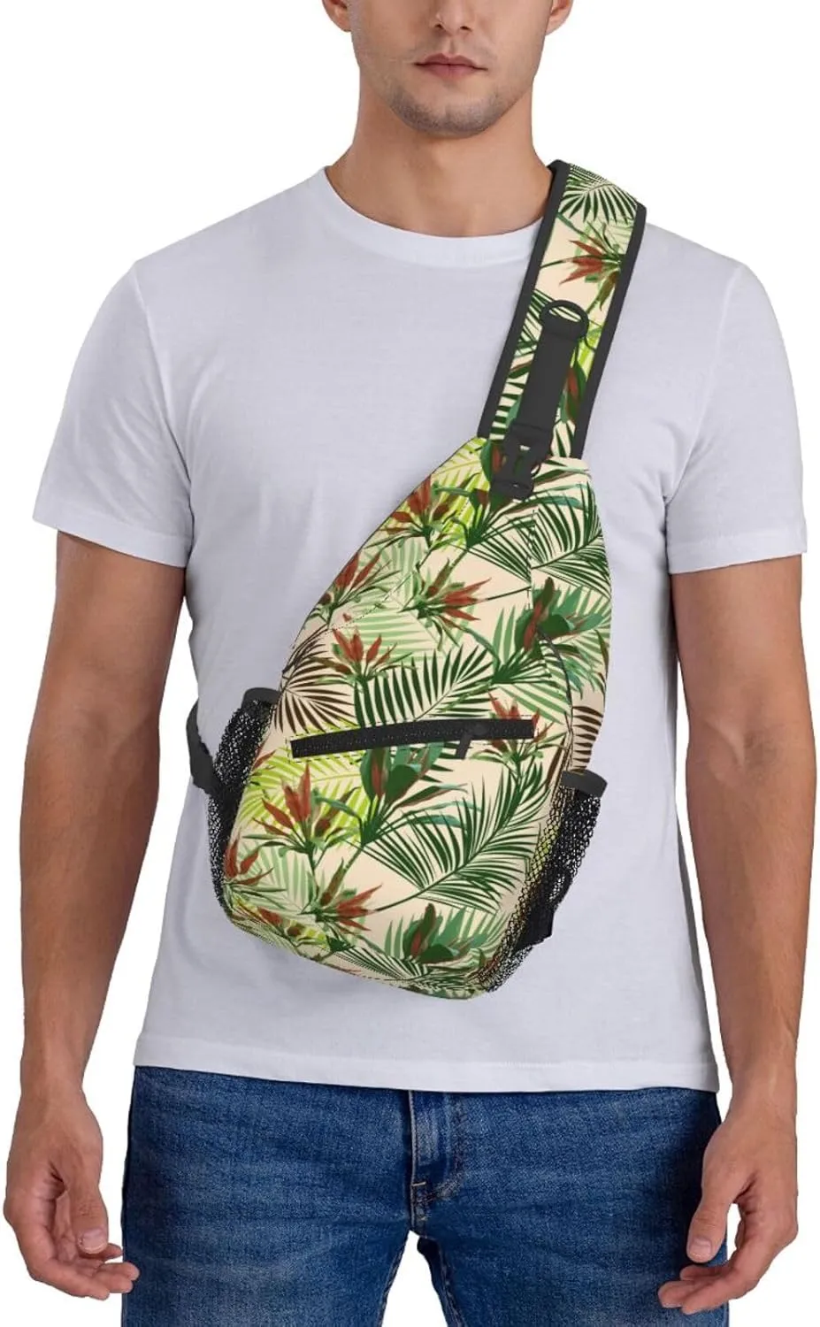 Tropical Leaves Palm Tree Flowers Cross Chest Bag Diagonally Hiking Crossbody Bag Travel Shoulder Daypack Lightweight Sling Backpack Cycling Daypacks Fitness Chest Backpacks