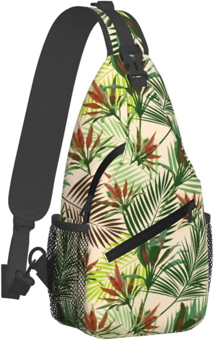 Tropical Leaves Palm Tree Flowers Cross Chest Bag Diagonally Hiking Crossbody Bag Travel Shoulder Daypack Lightweight Sling Backpack Cycling Daypacks Fitness Chest Backpacks
