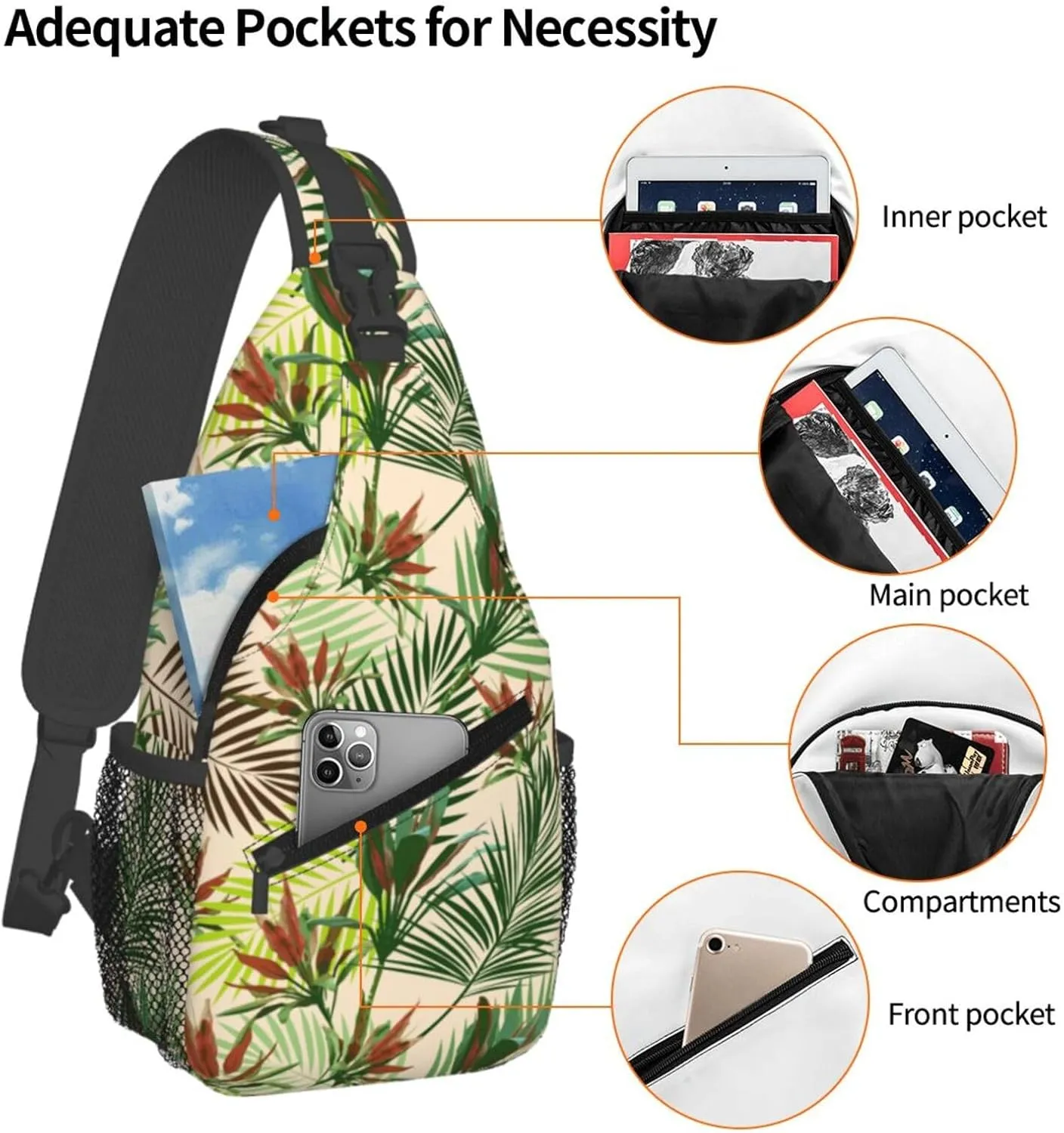 Tropical Leaves Palm Tree Flowers Cross Chest Bag Diagonally Hiking Crossbody Bag Travel Shoulder Daypack Lightweight Sling Backpack Cycling Daypacks Fitness Chest Backpacks