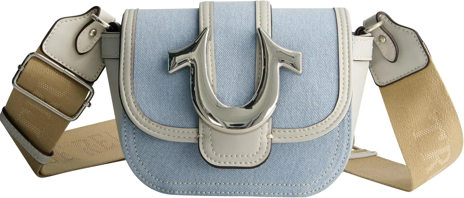 True Religion Crossbody Bag, Women's Faux Leather Mini Handbag with Adjustable Shoulder Strap, Light Blue