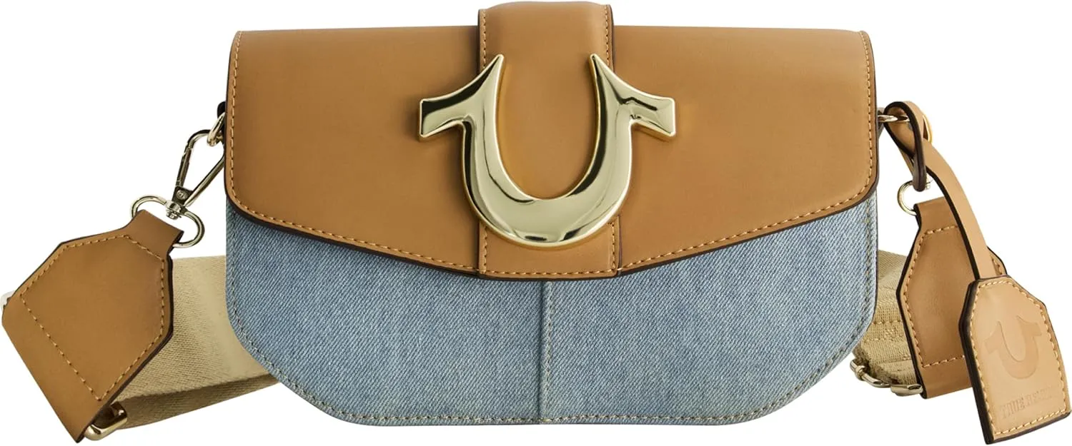 True Religion Saddle Bag, Women's Denim and Faux Leather Crossbody Purse with Adjustable Shoulder Strap, Light Blue
