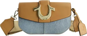 True Religion Saddle Bag, Women's Denim and Faux Leather Crossbody Purse with Adjustable Shoulder Strap, Light Blue