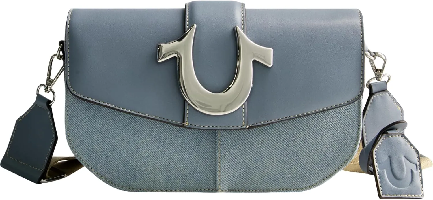 True Religion Saddle Bag, Women's Denim and Faux Leather Crossbody Purse with Adjustable Shoulder Strap