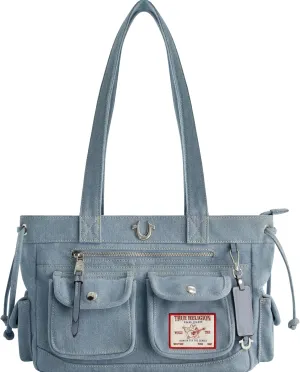 True Religion Tote Bag, Women's Multi-Pocket Faux Leather Handbag with Adjustable Shoulder Strap, Denim