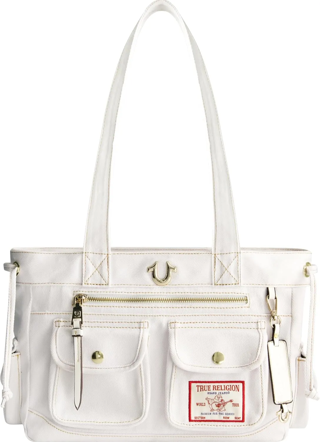 True Religion Tote Bag, Women's Multi-Pocket Faux Leather Handbag with Adjustable Shoulder Strap